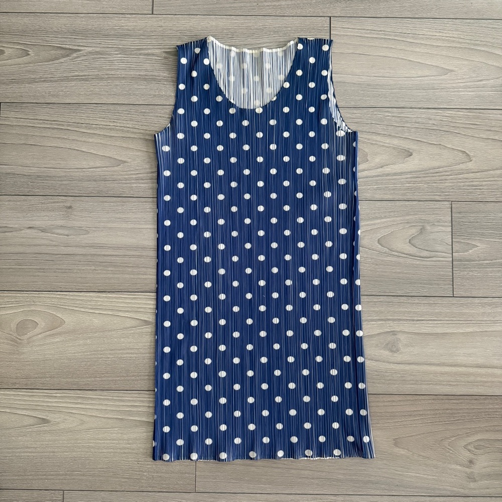 Issey Miyake Pleats Please Blue and White Polka Dot Mini Dress